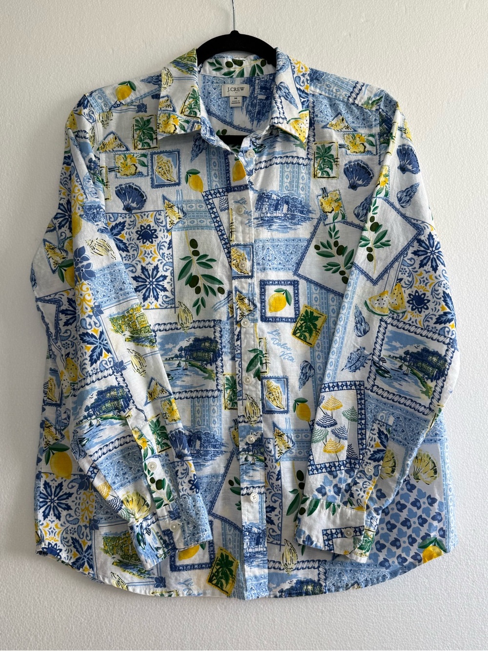 J.Crew Linen Blend Blue Tile Lemon Dolce Vita Amalfi Print Shirt Women M - Picture 3 of 10